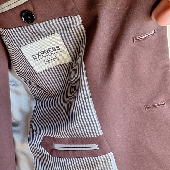 Express 2 Piece Pants Suit Slim Fit Pants Sz33/30 Jacket Sz14? Maroon 2 Buttons - Picture 7 of 12
